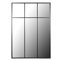 Tall, black metal rectangular mirror with three squares to the top, a great window mirror. Perfect used outside or indoor.Always a great way to allow light and perspective into a space. 