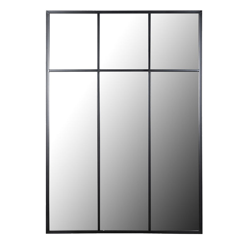 Tall, black metal rectangular mirror with three squares to the top, a great window mirror. Perfect used outside or indoor.Always a great way to allow light and perspective into a space. 