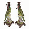 Pair of Bronze and Porcelain Parrots Candleholders