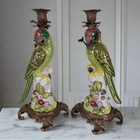 Pair of Bronze and Porcelain Parrots Candleholders