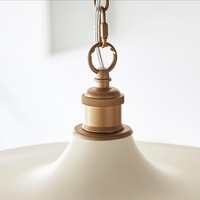 Close-up of a hanging pendant light fixture with a warm brass-toned metal cap and ring hardware.