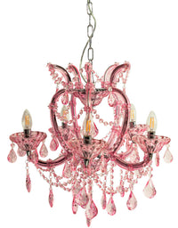 A pink crystal chandelier with five arms, a perfect chandelier for a dressing room or girl's bedroom.&nbsp; Pretty and useful, the five candle bulbs spreading light throughout the room. Coloured crystal chandeliers are a great way of bringing both colour and light to a room. They are very atmospheric and add a vintage aesthetic.&nbsp;&nbsp;