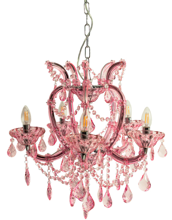 A pink crystal chandelier with five arms, a perfect chandelier for a dressing room or girl's bedroom.&nbsp; Pretty and useful, the five candle bulbs spreading light throughout the room. Coloured crystal chandeliers are a great way of bringing both colour and light to a room. They are very atmospheric and add a vintage aesthetic.&nbsp;&nbsp;