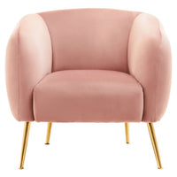 Pretty, pale pink occasional armchair with splayed gold metal legs. Another colour in this particular range of chairs, comfy yet so stylish.&nbsp; The Salmon pink colour would look great in a bedroom or dressing room and what young girl wouldn't love this colour in their room, so glamorous !! 