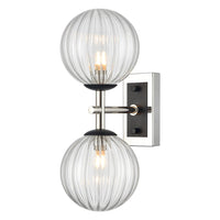 Polished Nickel & Matt Black Dual Wall Light With Clear Ribbed Glass IP 44 - 30 cm