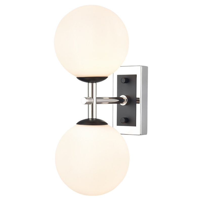 Polished Nickel & Matt Black Dual Wall Light With Opal Glass IP 44 - 30 cm