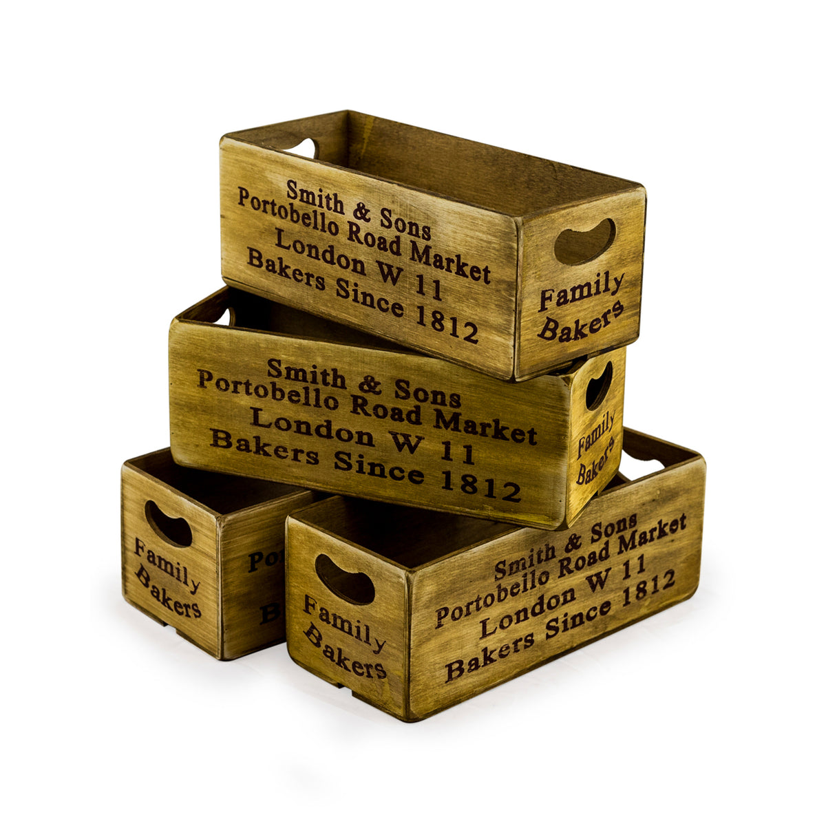 Add rustic charm and functional style to your space with these vintage-inspired wooden storage crates.

Crafted from durable wood with a weathered finish, these crates evoke the warmth of traditional British bakeries. The side handles offer convenient portability, while their stackable design makes them both decorative and practical.

Perfect for use at home, in the kitchen storing fruit, tea, or condiments, in a window sill with aromatic herbs, or in a hallway storing keys or sunglasses, these crates effor