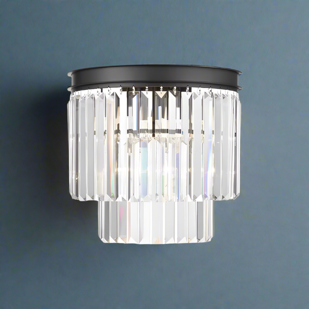 The perfect crystal prism wall light to go woth our Crystal Prism chandeliers. On a black metal frame with 3 lights, these are a really sophistaced wall light, stunning in a living room, on the walls in a dining room or even in a luxurious bedroom.&nbsp;