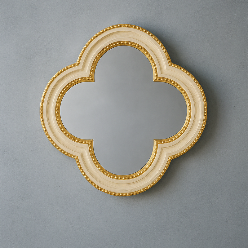Cream Quatrefoil Mirror With Gold Beading