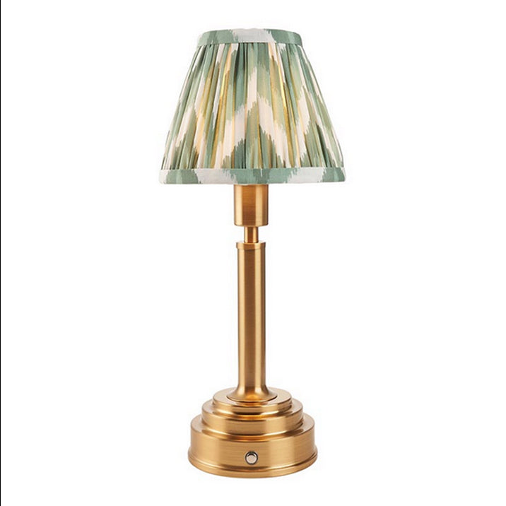 Brushed gold, rechargeable table lamp with a USB port. This portable, rechargeable 3 stage touch dimmer table lamp