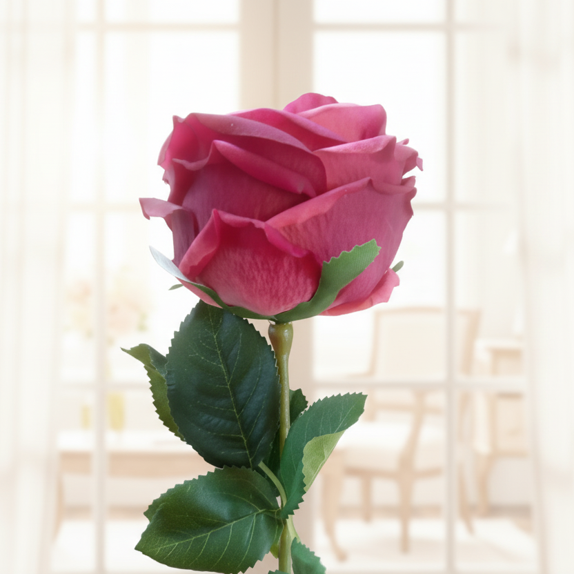 Single pink rose with green leaves against a blurred indoor background