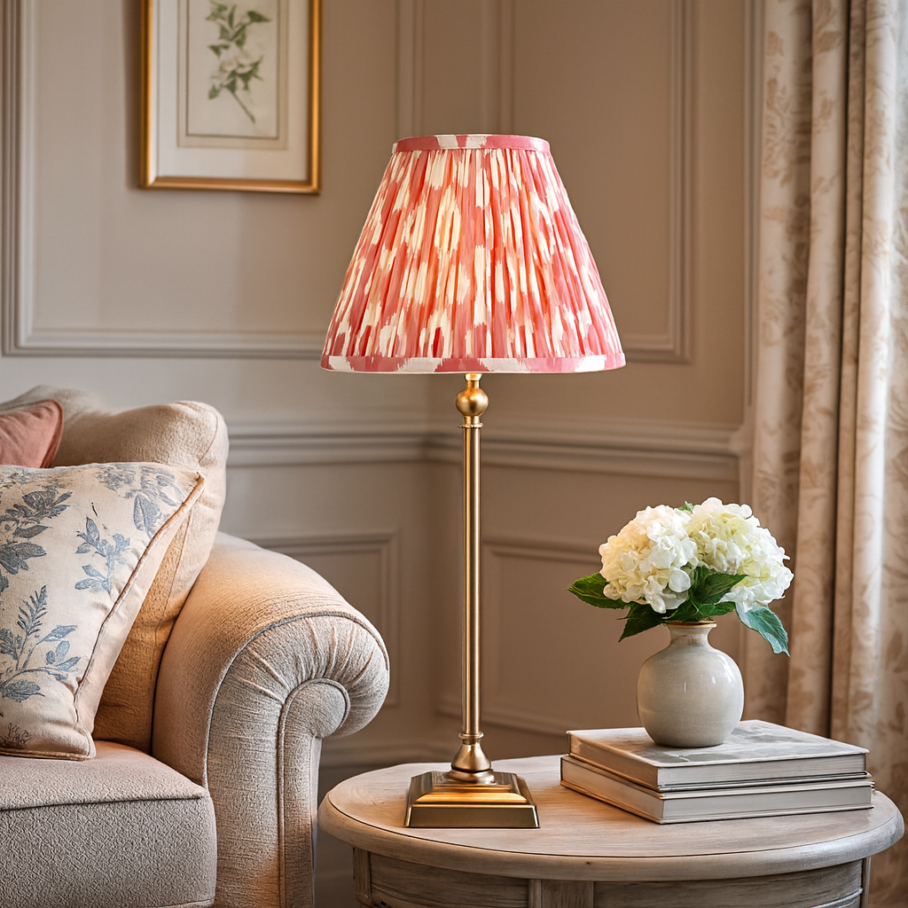 Tall Brass Lamp Base with Pink Ikat Shade