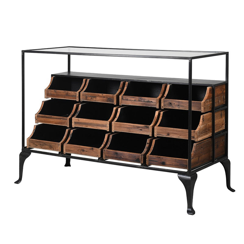 A great piece of furniture for a shop or in your dressing room. A vintage feel with the wooden drawers set in a metal and glass frame, unusual and so useful.