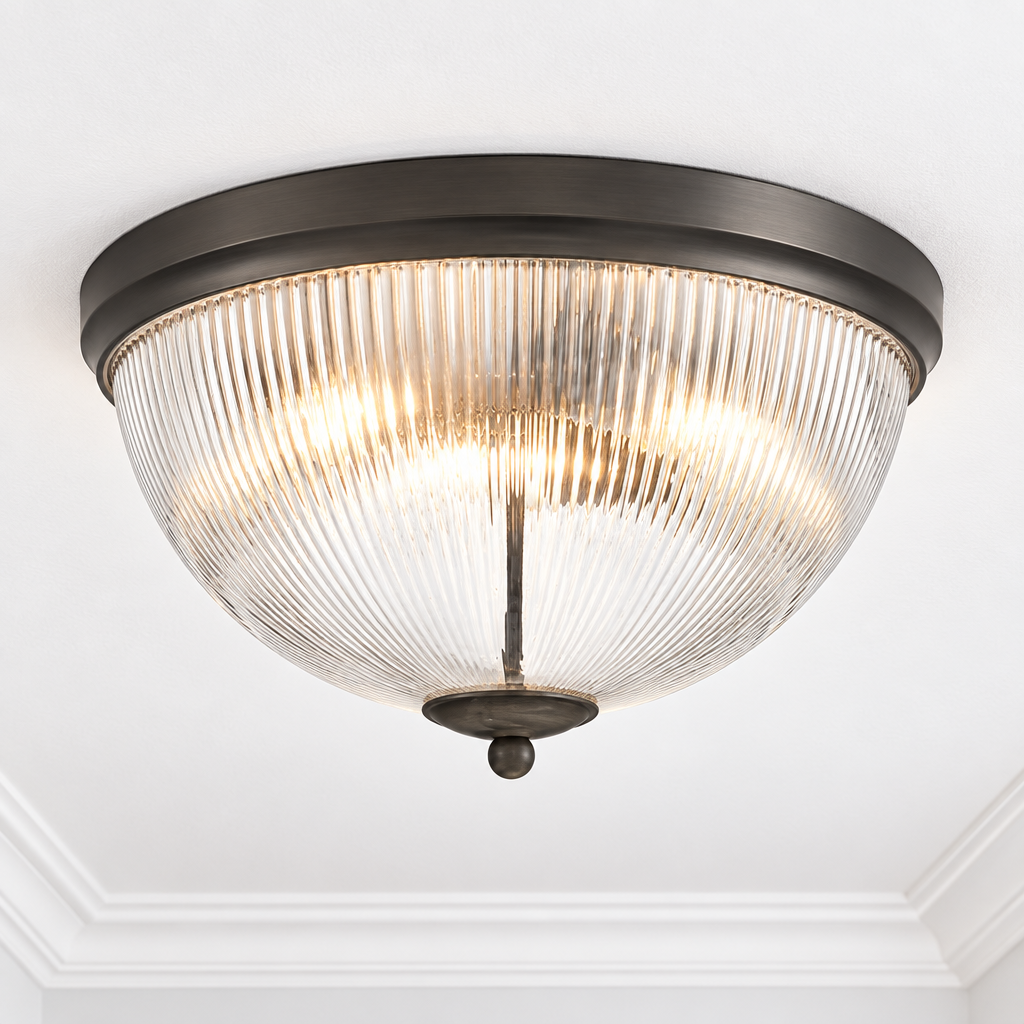 A Flush mount ceiling light fixture with a ribbed clear glass dome and a black metal frame.