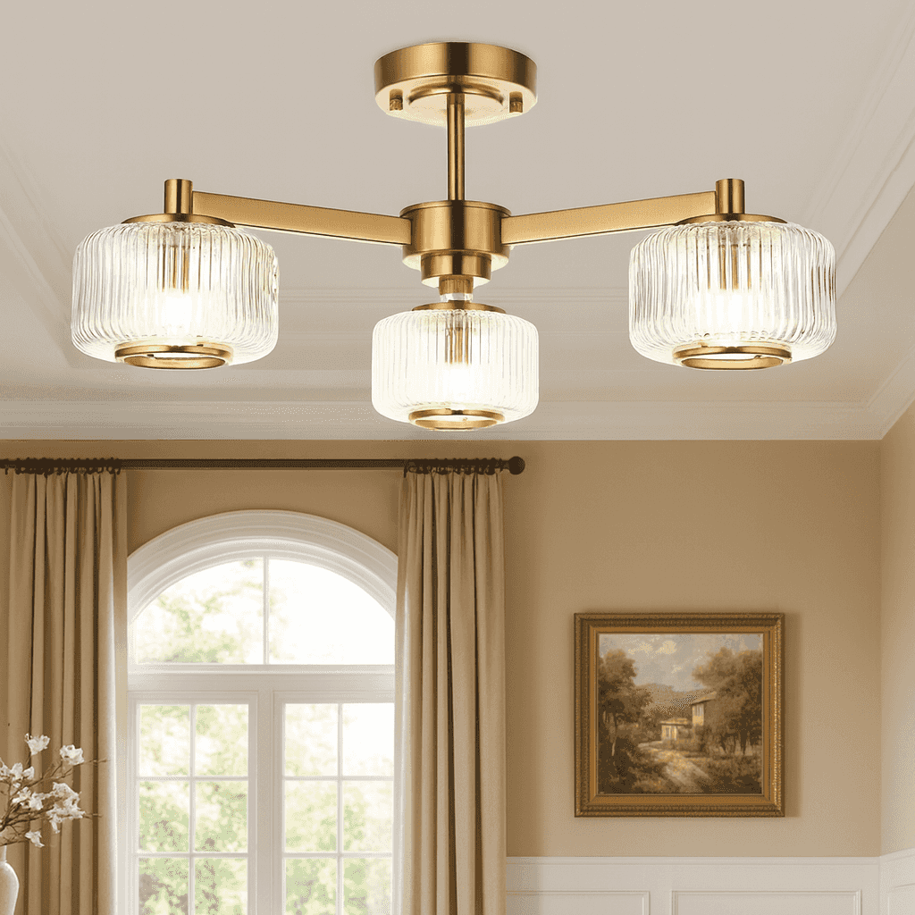 Ribbed Glass 3-Light Semi Flush Mount Ceiling Light, a modern Gold Pendant Fixture for Living Room, Bedroom, Hallway