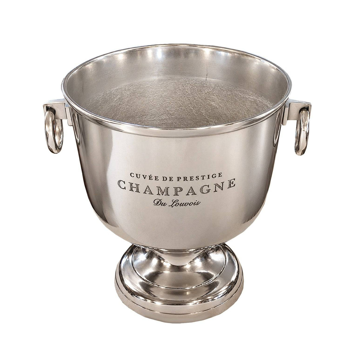 Smaller round, ring handles champagne cooler against a white background. 