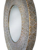 Round wall mirror with patterned antique gold frame. Textured metallic finish adds warmth and depth to living rooms, bedrooms, or hallways.