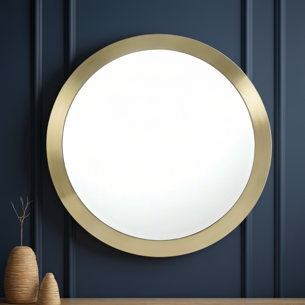Circular mirror with luxurious brushed brass metal frame. Exceptionally luxe looking mirror which would give a warm and high end feel to your hall, living room, any room.
