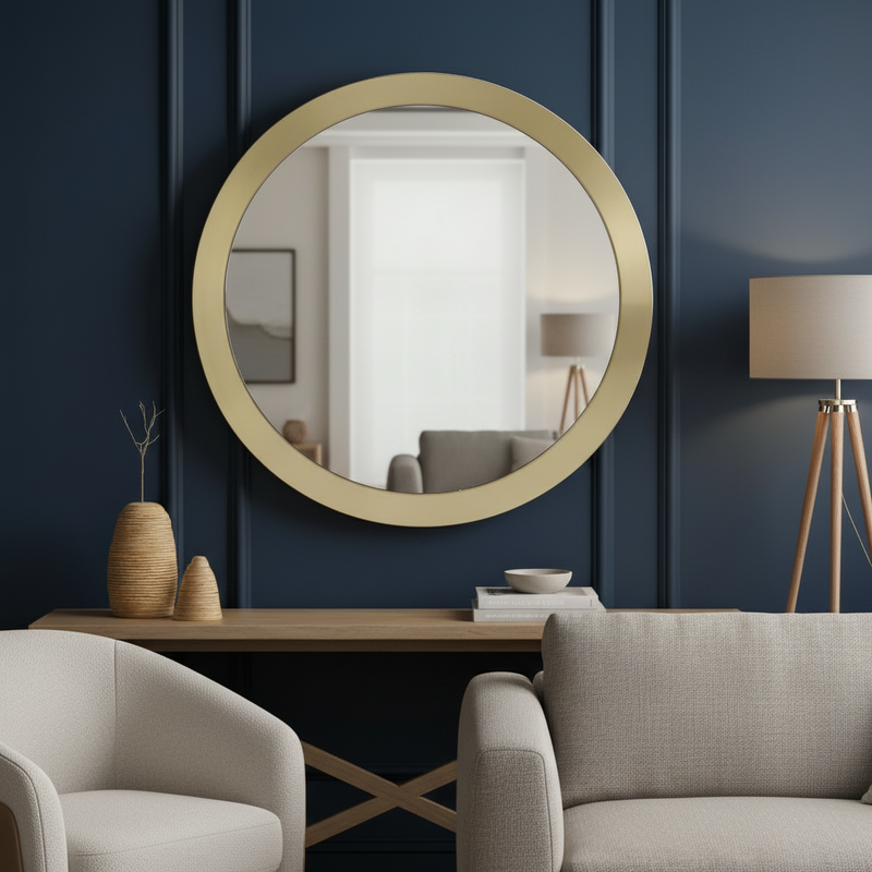 Circular mirror with luxurious brushed brass metal frame. In a modern sitting room with grey walls.