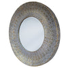 Round wall mirror with patterned moroccan design antique gold frame. Textured metallic finish adds warmth and depth to living rooms, bedrooms, or hallways.