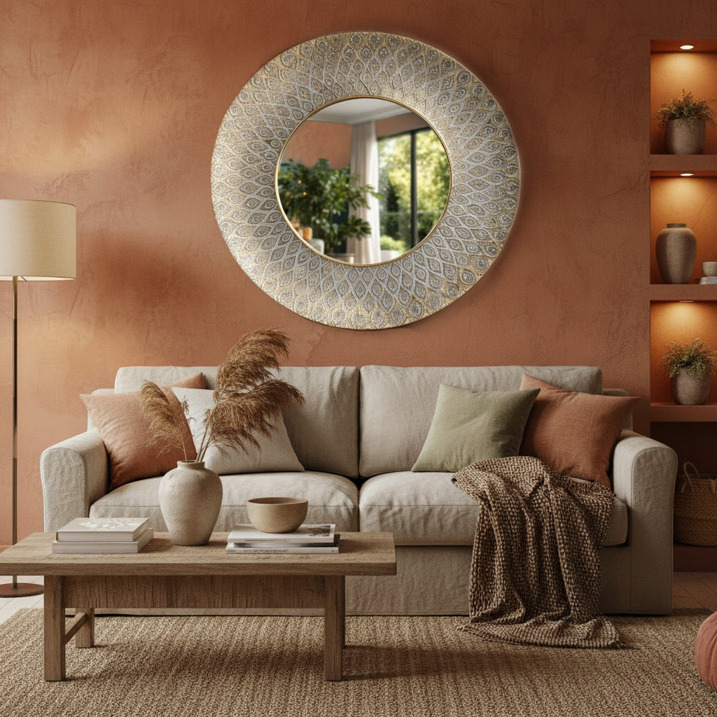 Living room with a beige sofa, decorative mirror, and wooden coffee table.