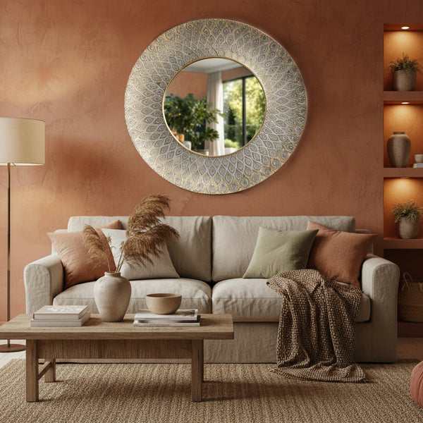 Living room with a beige sofa, decorative mirror, and wooden coffee table.