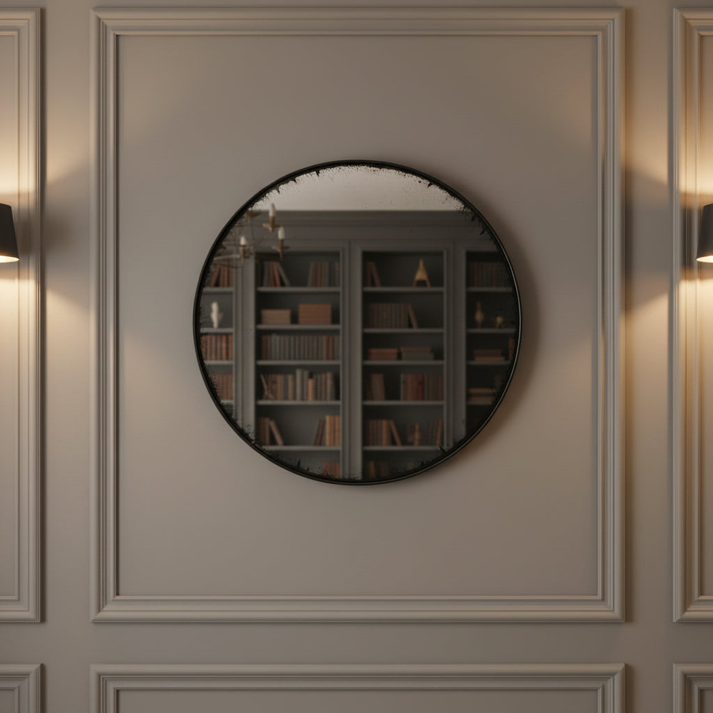 A huge, very distressed black convex mirror, the closest to the original Georgian look.&nbsp; Exceptional size and the antique finish of this mirror ensures it wouldn't look out of place in a country house. It would also work in an industrial interior.