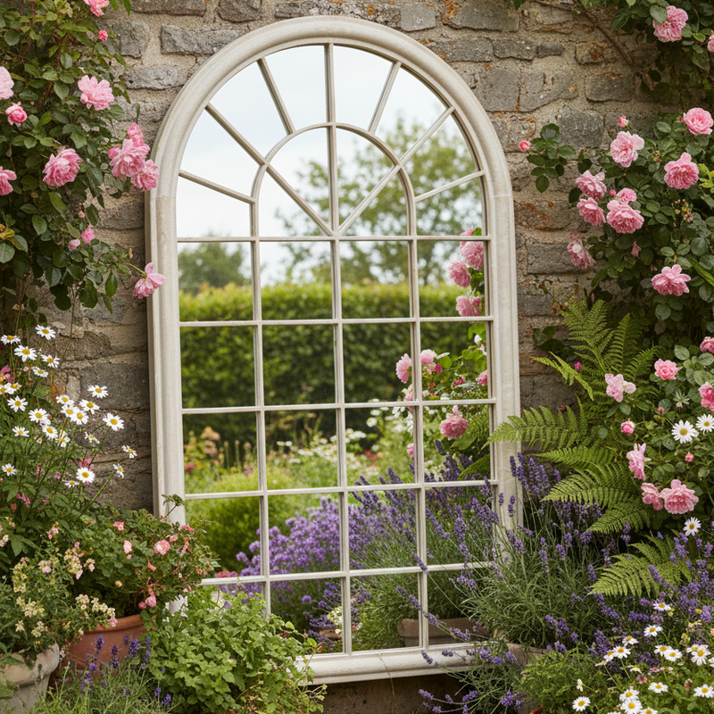 A large white arched window with multiple panes is set against a rustic stone wall in a garden