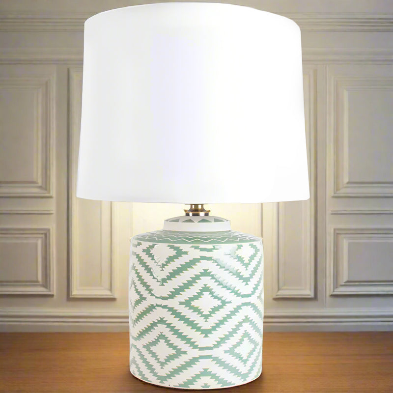 Sage Green Ceramic Lamp with White Shade H50 W30cm