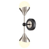 Satin nickel and matt black dual wall light with two opal glass globes, ideal for modern interiors. Height: 35 cm, perfect for elegant lighting solutions.