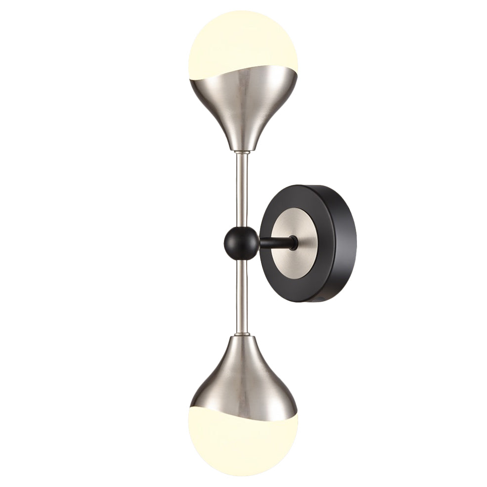 Satin nickel and matt black dual wall light with two opal glass globes, ideal for modern interiors. Height: 35 cm, perfect for elegant lighting solutions.