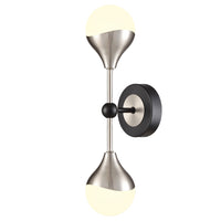 Satin nickel and matt black dual wall light with two opal glass globes, ideal for modern interiors. Height: 35 cm, perfect for elegant lighting solutions.