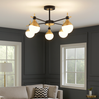 Five light gilt and opaque glass globe semi flush ceiling light in black and gold finish