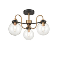 Great semi-flush pendant with 3 glass globe lights on a black and gilt metal frame, good to find an unusual, interesting semi-flush fitting.&nbsp; A really design led semi flush light, exceptional and perfect in a bedroom or study. Very welcoming light in the hall too.