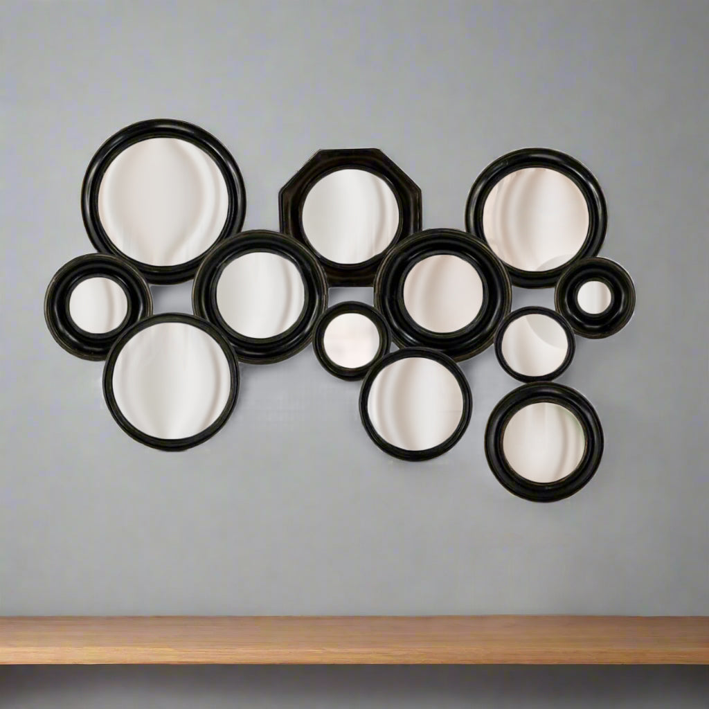 Set of 12 Assorted Black Framed Convex Mirrors