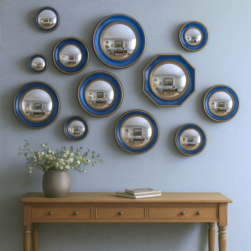 Set of 12 Assorted Blue & Gold Framed Convex Mirrors