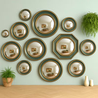 Set of 12 Assorted Green & Gold Framed Convex Mirrors