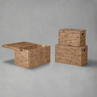 Bring style and function to your home with this set of three seagrass storage trunks. Handwoven from durable natural seagrass, these versatile storage boxes feature a rustic woven texture that adds warmth to any room while keeping clutter neatly tucked away. Each trunk comes with a matching lid, making them perfect for organizing blankets, toys, clothes, or everyday essentials.

Designed in three convenient sizes, these nesting storage trunks can be stacked for display or nested inside one another when not 
