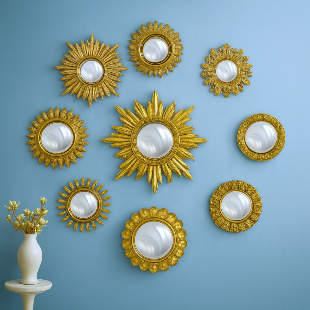 Set of 9 Assorted Convex Mirrors Sun Shapes Gold