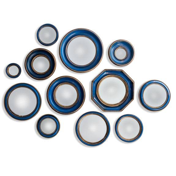 Mini convex Blue framed mirrors which come in an assortment of sizes. This is a fantastic price and range which takes the headache out of creating your own wall assortment