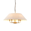 Classic shaded brushed gilt chandelier with 5 lights.&nbsp; An elegant easy way to spread light in your living room, over a dining table and an especially great light for a bedroom.&nbsp;&nbsp; The shade is a light coloured linen and the metal 5 arm light is a deep burnished, antique gold, the shade hanging from a gilt ring attached to a gilt chain.