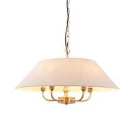 Classic shaded brushed gilt chandelier with 5 lights.&nbsp; An elegant easy way to spread light in your living room, over a dining table and an especially great light for a bedroom.&nbsp;&nbsp; The shade is a light coloured linen and the metal 5 arm light is a deep burnished, antique gold, the shade hanging from a gilt ring attached to a gilt chain.