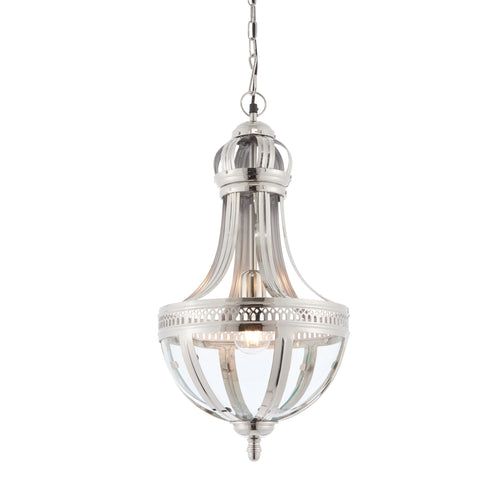 Beautifully shaped nickel framed chandelier, in an empire style with clear glass. Stunning shape, great hall or landing light. Classic shape with a contemporary tiwst in the nickel frame.