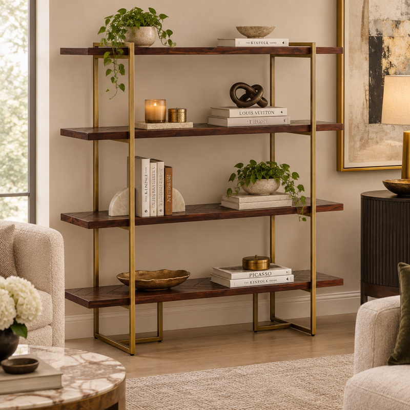 A 5-tier open shelving unit with dark wood shelves and gold metal frame,  in a living room setting.
