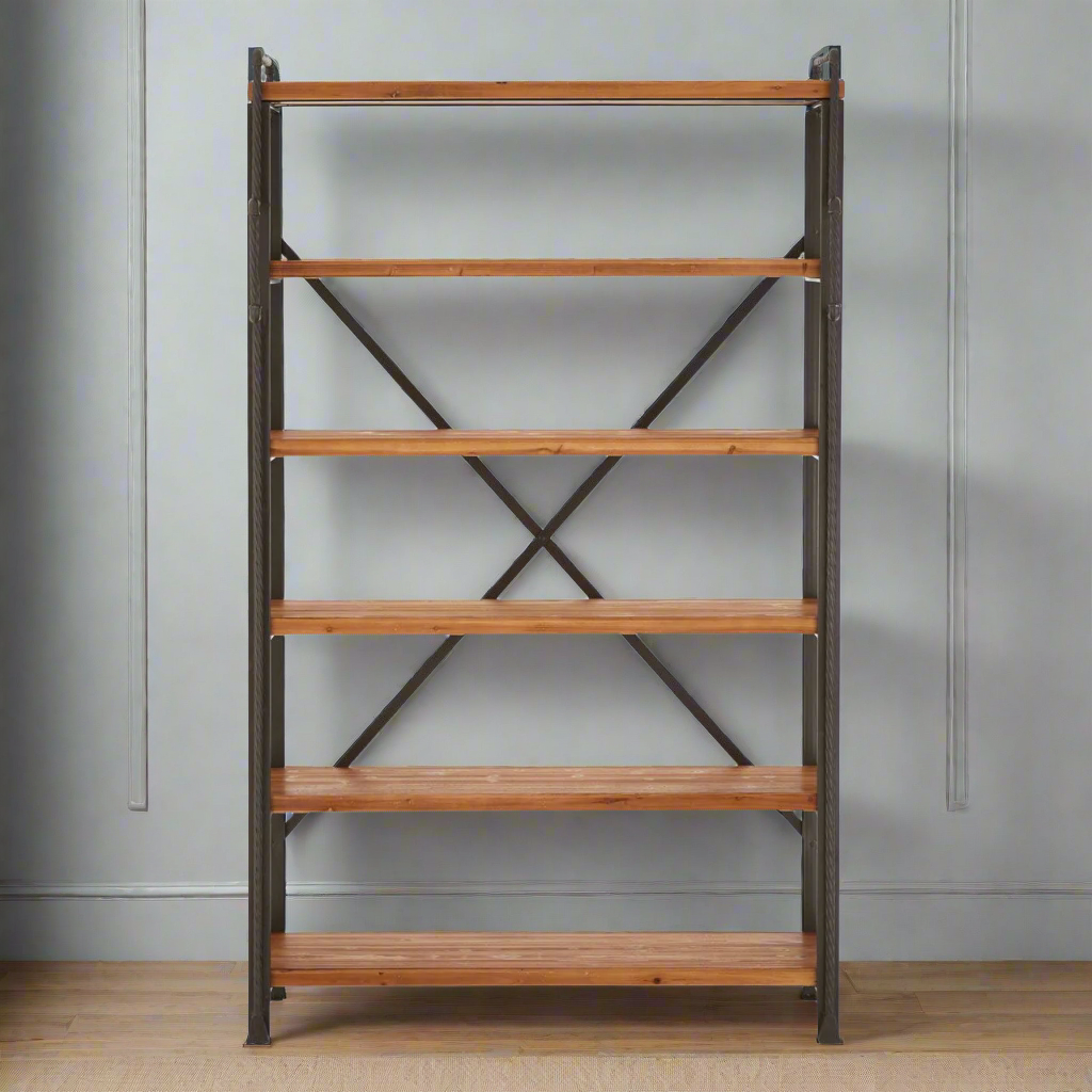 Exceptionally tall and wide open shelving, with a black iron frame and six solid wooden shelves.&nbsp; A really useful piece of furniture with the ability to hold all your decorative items, In a living room, bedroom or hall, this unit will impact any room. You can never have too much storage !