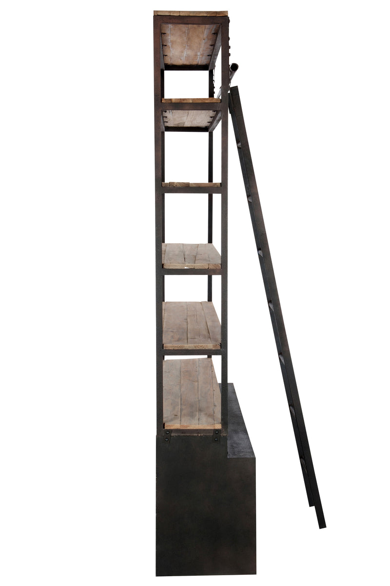 Upgrade your home or office with this industrial bookcase with ladder, &nbsp;a statement piece that combines function and style. Built with a sturdy black metal frame and rustic wood shelves, this metal and wooden shelving unit offers the perfect balance of durability and modern design.

The sliding ladder makes reaching the higher shelves effortless, while the four drawers and two open cubbie holes&nbsp;at the base provide versatile storage for books, décor, or everyday essentials. Whether used as a rustic