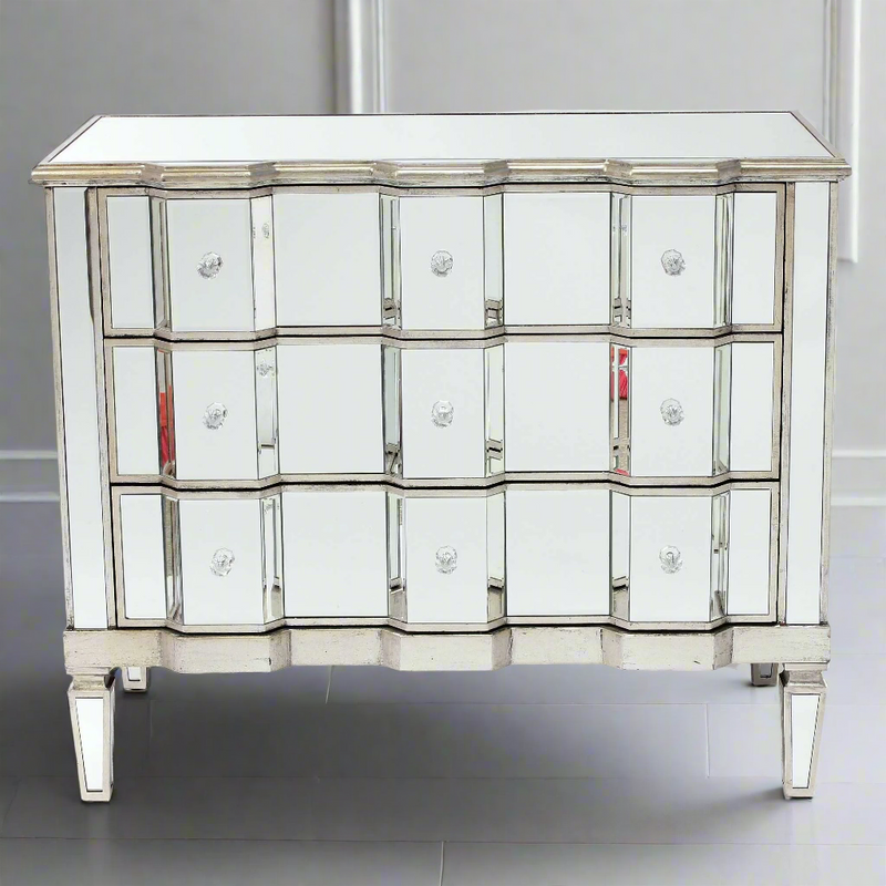 Venetian glass sideboard, cabinet with 2 doors and 4 drawers, the beauty of this type of furniture is that it just adds light to any room. Perfect bedroom or sitting room piece. Aged venetian glass with a champagne coloured wooden trim.