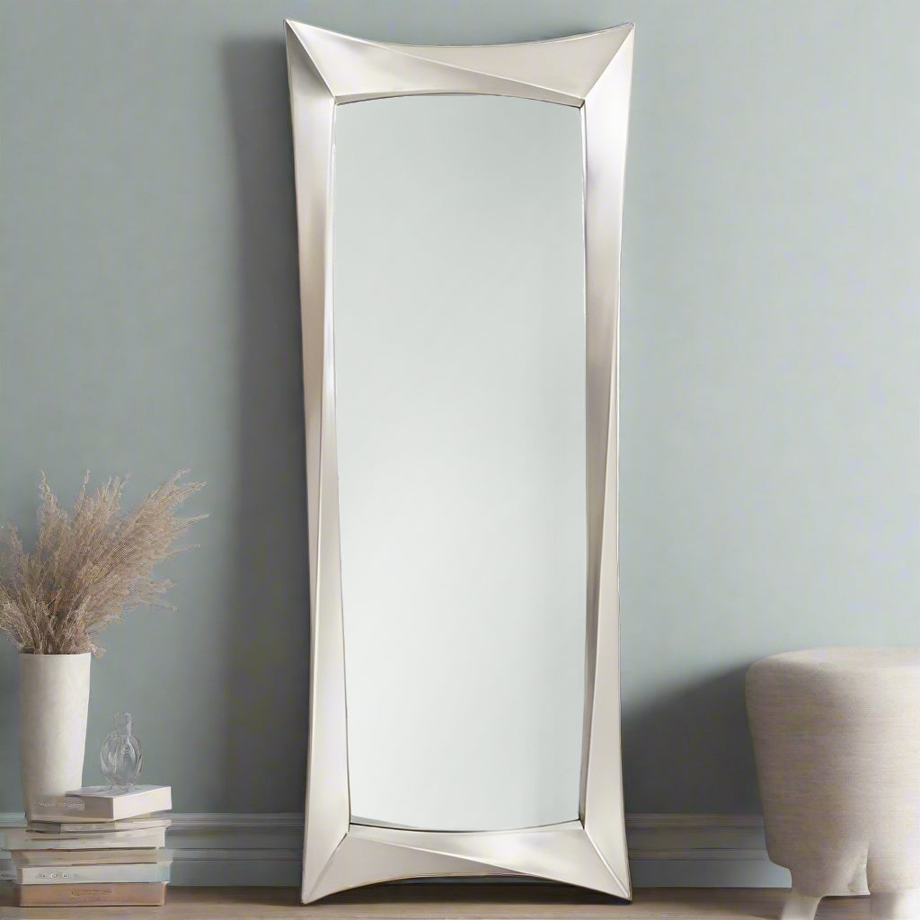 This full length mirror with its gorgeous silver leaf long wall mirror design, exudes luxury and elegance.&nbsp; This mirror can be hung vertically or horizontally in a hall for a spectacular look to the entrance of your home. In a living room to add reflective light or in a bedroom or dressing room as a full length wall mirror, adding a dose of glamour to your room.
