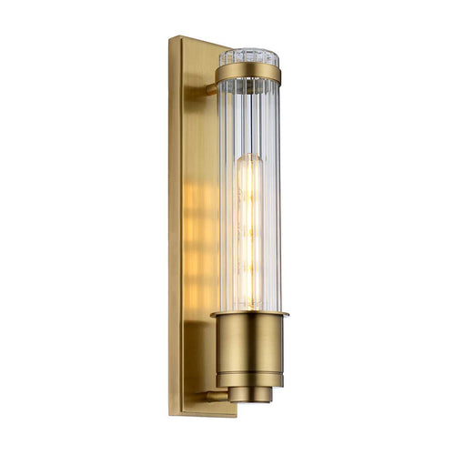 <p>Very slim wall light, the ribbed glass set on a very narrow aged brass plate. Tall at 40 cm but very narrow. IP44 Rated, perfect for bathroom wall.<br></p> <p>H: 40 cm&nbsp; W: 8 cm D: 12 cm</p>
