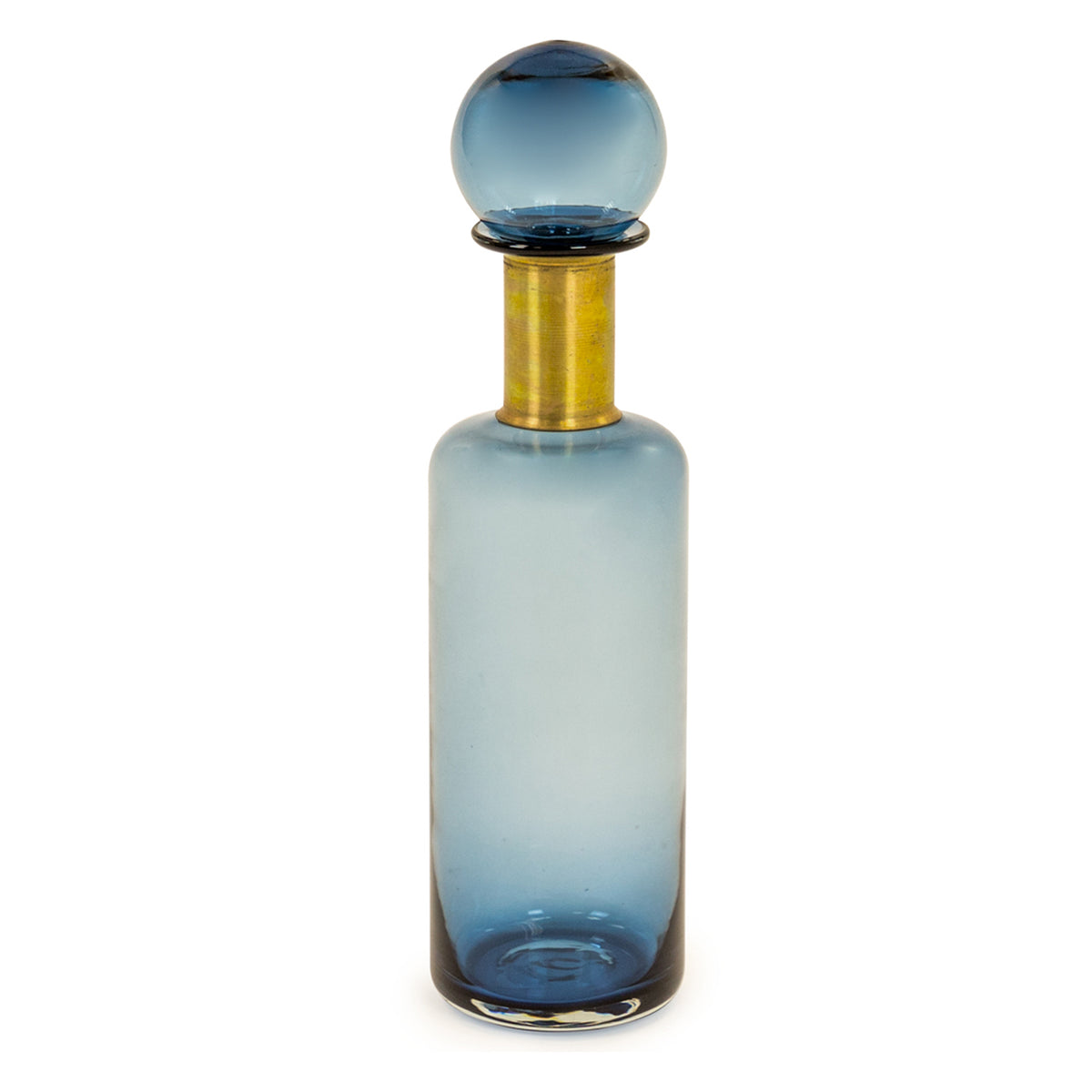 Slim blue 'apothecary' style bottle with large gilt band to the collar, can be arranged as a set of singly to add a touch of light and glamour on any table